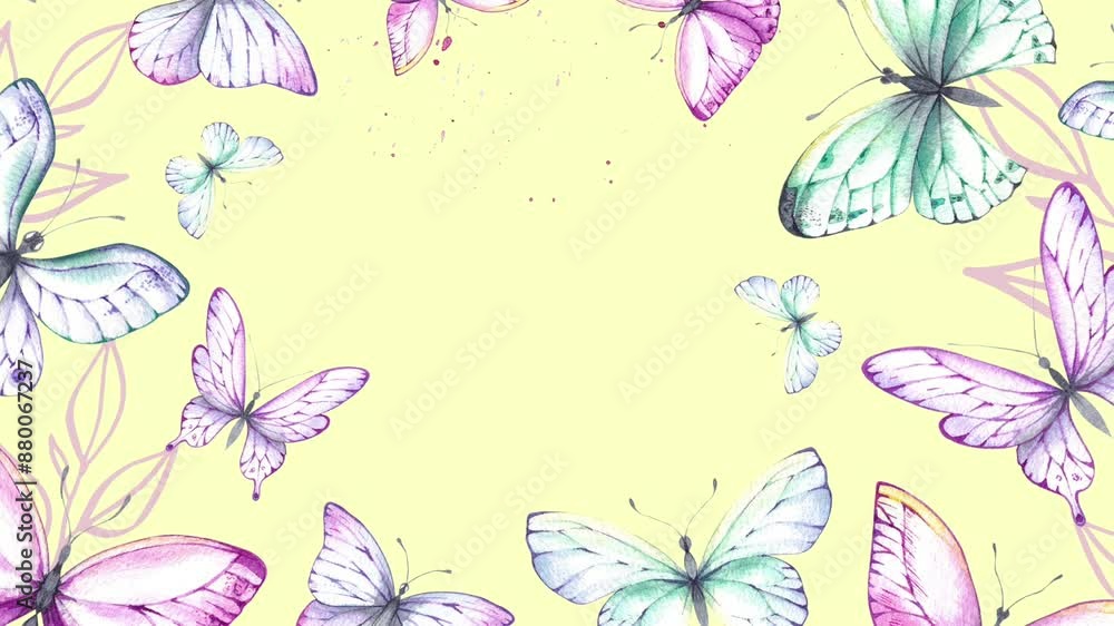 Watercolor butterflies in branches on a yellow background gradually appearing. Background video with rainbow multicolored butterflies. Hand-drawn butterflies fly in the video. Watercolor butterflies in branches on a yellow background gradually appearing. Background video with rainbow multicolored butterflies. Hand-drawn butterflies fly in the video.