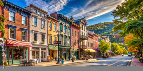 Fototapeta Naklejka Na Ścianę i Meble -  Charming boutique-lined Main Street in Cold Spring, New York, features eclectic antique shops, independent stores, and vintage architecture under a sunny blue sky.