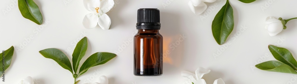 Brown glass essential oil bottle surrounded by white flowers and green leaves on a light background. Brown glass essential oil bottle surrounded by white flowers and green leaves on a light background.