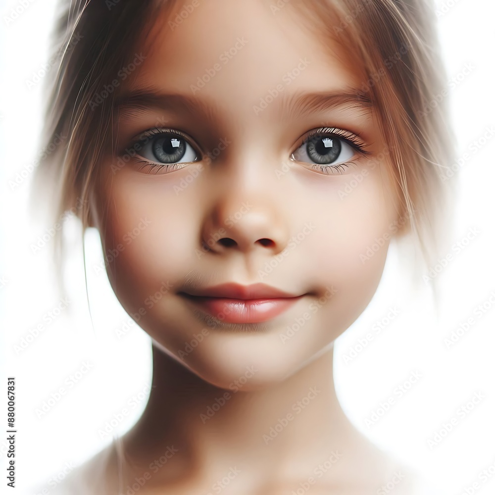 young girl's face filling the frame against a clean, white background. young girl's face filling the frame against a clean, white background.