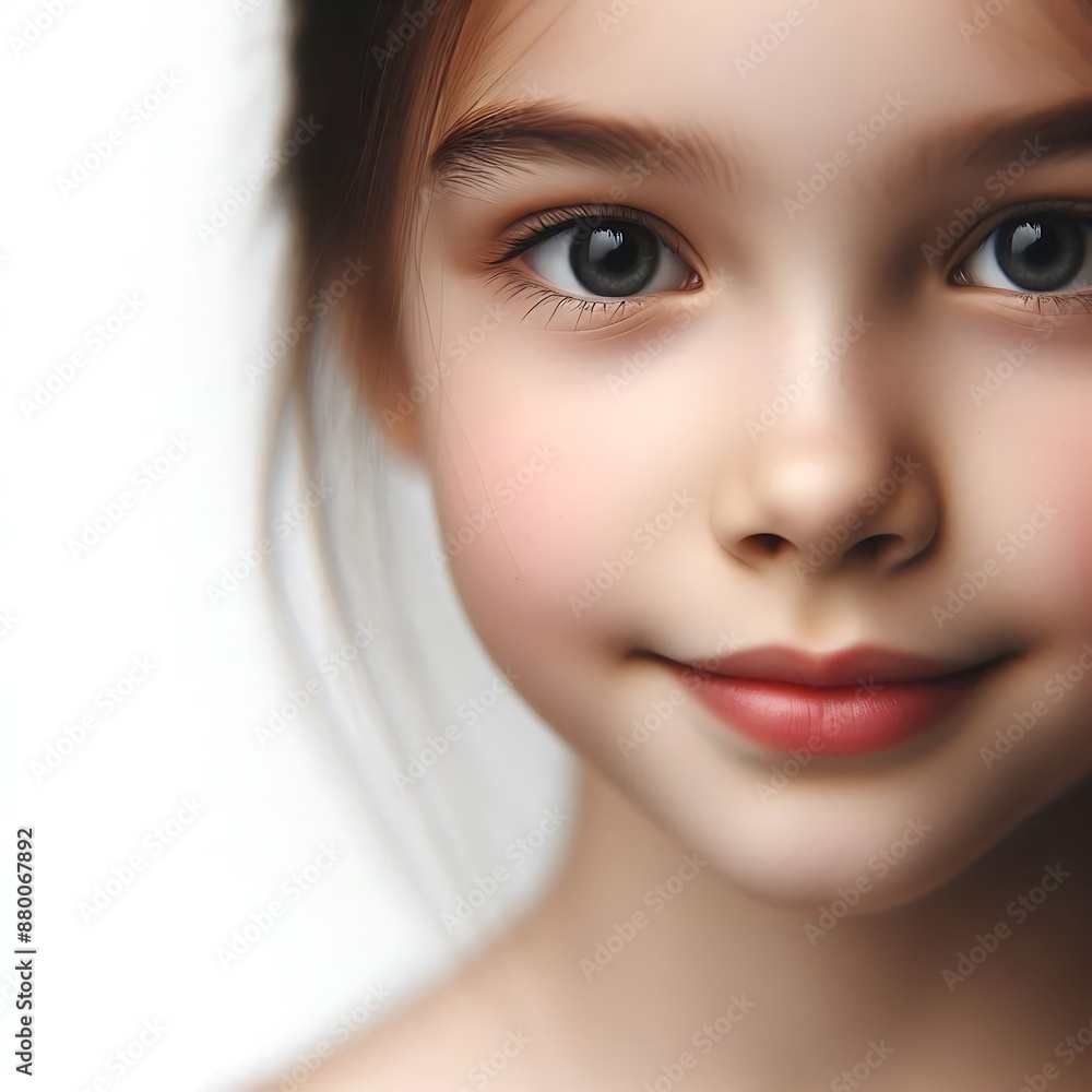 young girl's face filling the frame against a clean, white background. young girl's face filling the frame against a clean, white background.