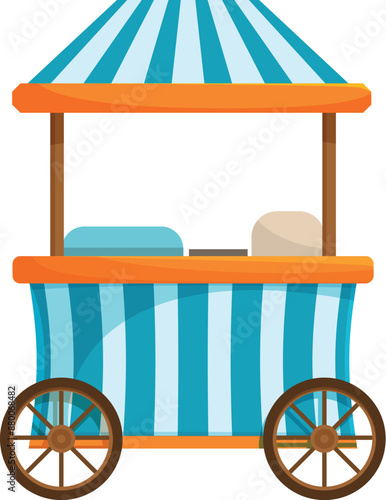 Mobile food stand with striped awning, ready for selling street food in amusement park