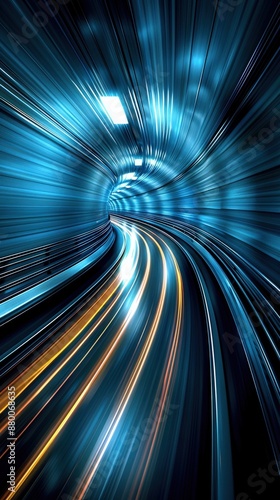 Dynamic light trail in a futuristic tunnel, showcasing motion, speed, and vibrant blue and yellow hues, ideal for technology-themed designs.