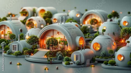 Wallpaper Mural Futuristic eco-friendly miniature houses with glowing lights, depicting modern sustainable living in a sci-fi inspired community. Torontodigital.ca