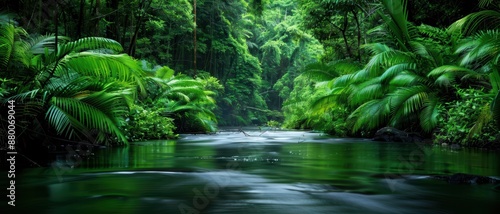 Lush Tropical Rainforest with Serene River Flowing Through Dense Green Foliage