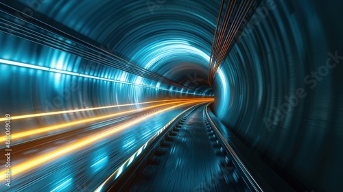 Futuristic high-speed tunnel with motion blur, vibrant lights, and dynamic motion, symbolizing modern technology and fast transport.