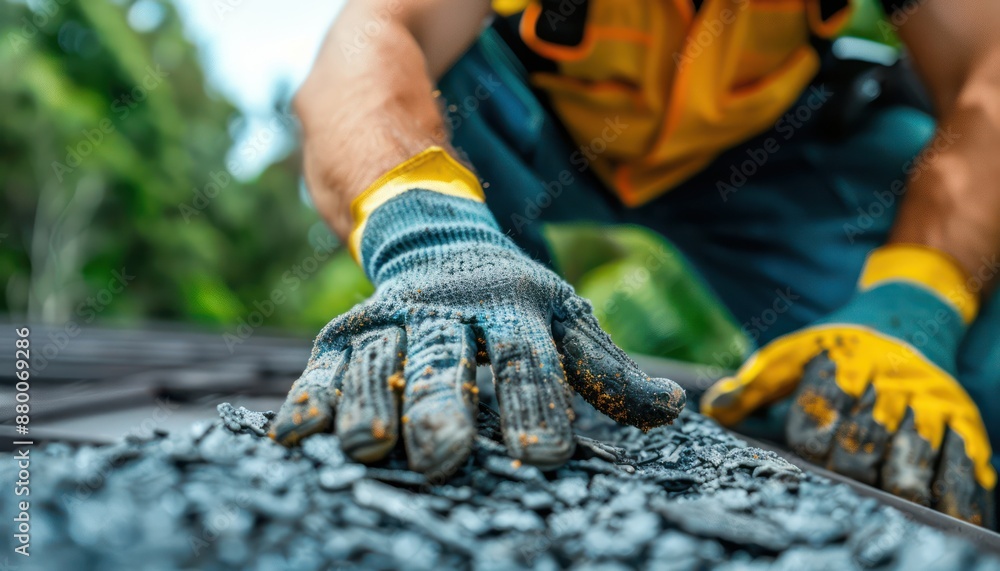 Professional Roofing Contractor Installing Shingles On A Roof Ridge