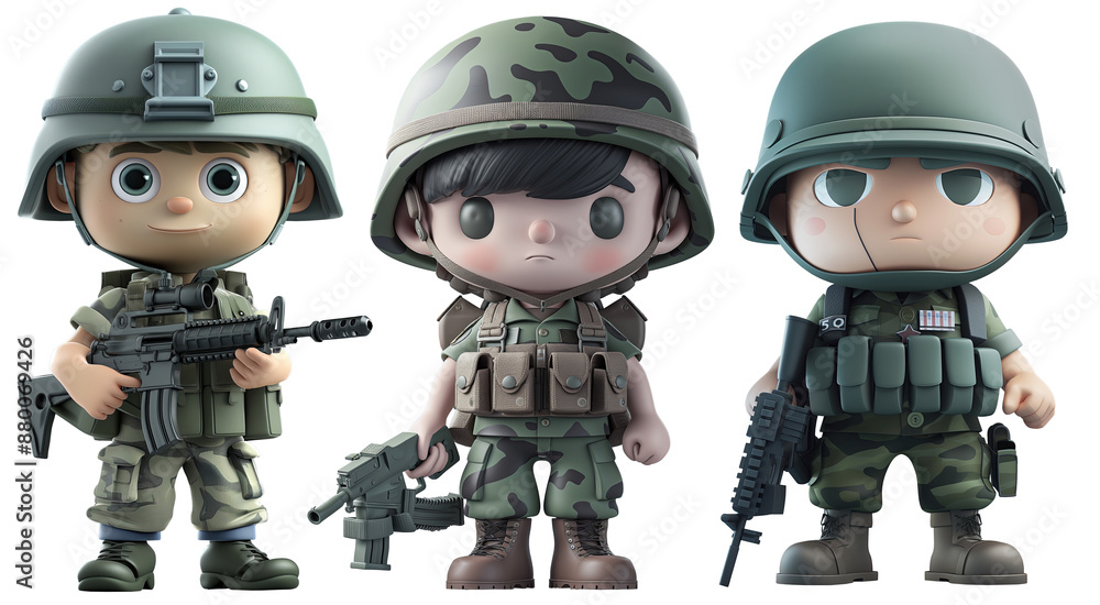 set of cute army commander in action. 3D cartoon animation style. set of cute army commander in action. 3D cartoon animation style.