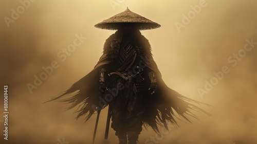 Mysterious samurai warrior in traditional attire and straw hat, surrounded by fog. Evokes themes of ancient Japan, honor, and solitude.