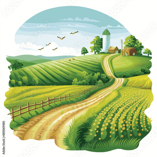 "Pastoral Beauty: Landscape Illustration of a Farm"