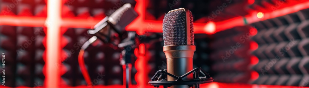 Fototapeta premium Close-up of professional microphones in a modern recording studio with red acoustic foam panels, ideal for podcasts, music production, and voice recording.