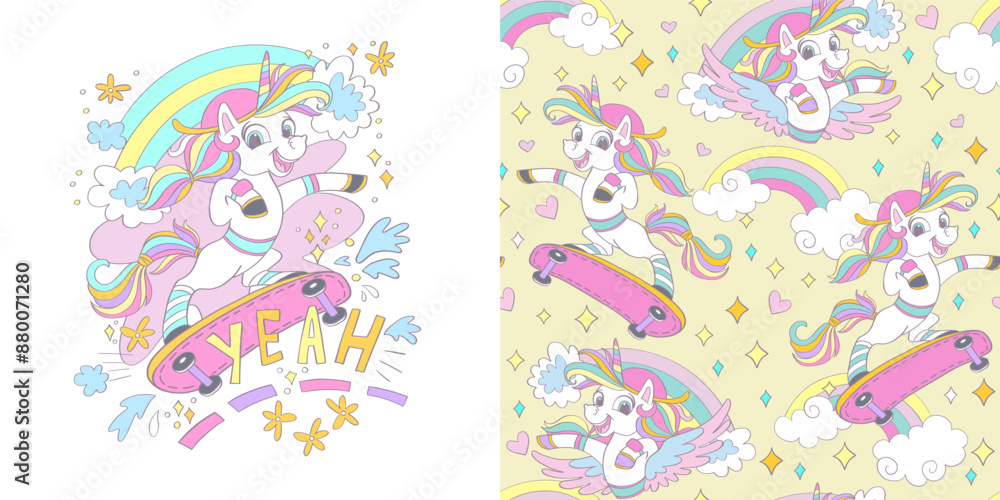 Fototapeta premium Unicorn on a skateboard illustration and seamless pattern vector set
