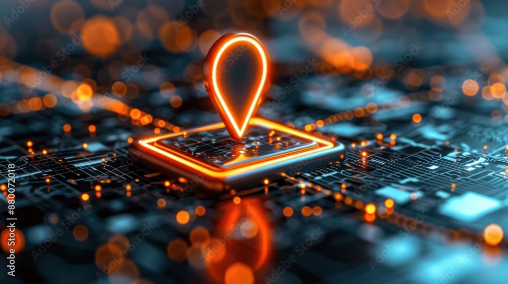 A glowing red marker stands out on the digital map, marking your destination, realistic photo A glowing red marker stands out on the digital map, marking your destination, realistic photo