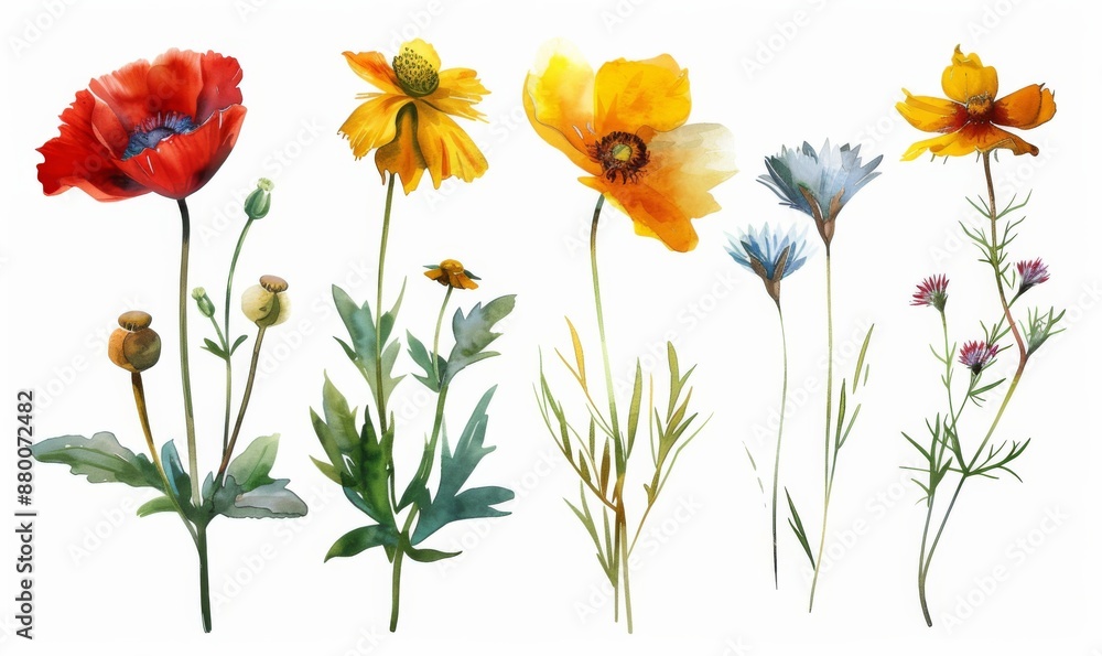 Fototapeta premium Collection of summer flowers painted in grunge oil painting style. Isolated on white background