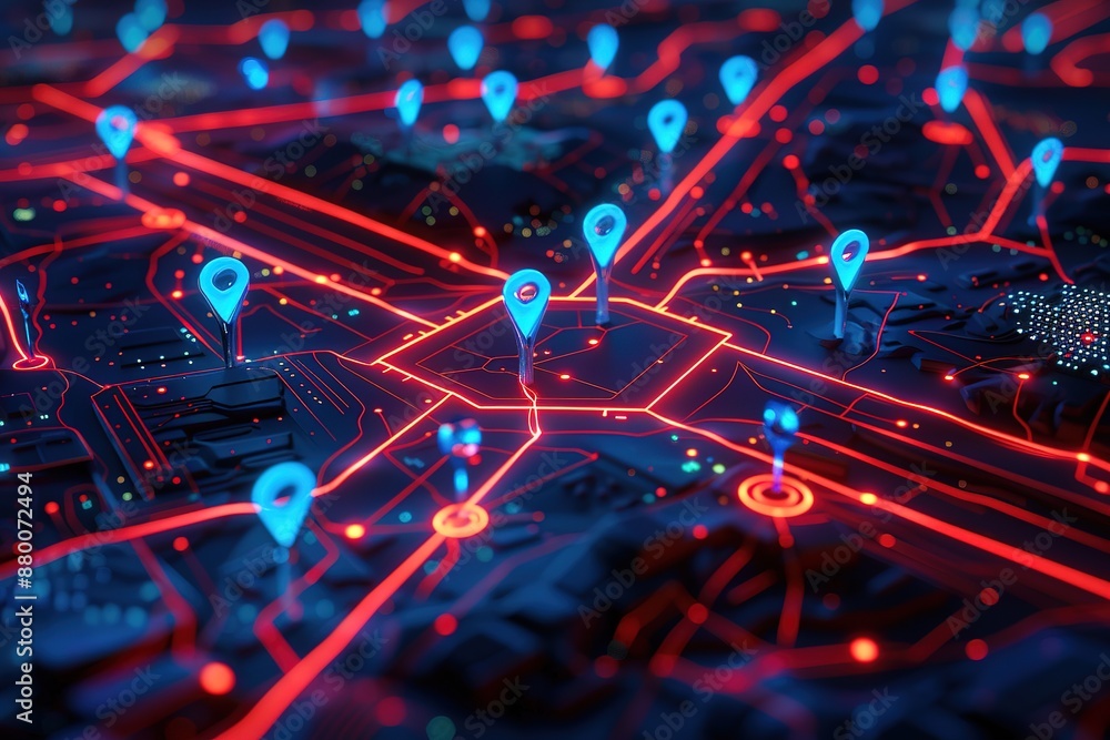 Digital map with location pins glowing in blue and red colors, symbolizing a global network technology Digital map with location pins glowing in blue and red colors, symbolizing a global network technology