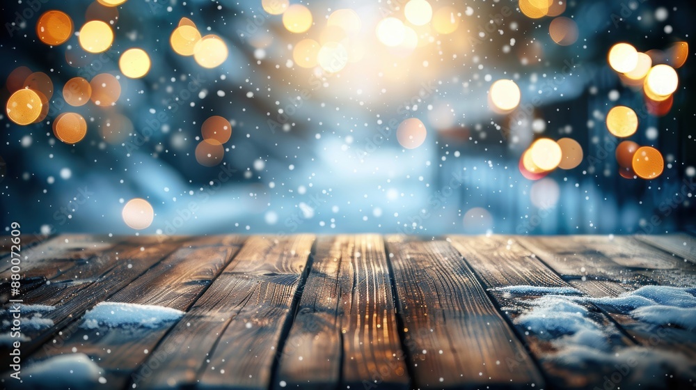 Wooden table in a snowy winter night setting with festive bokeh lights, creating a warm and magical holiday atmosphere. Wooden table in a snowy winter night setting with festive bokeh lights, creating a warm and magical holiday atmosphere.