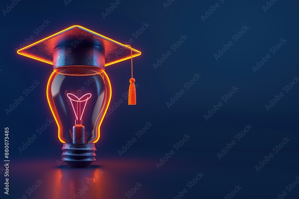 A light bulb is lit up and has a graduation cap on top of it A light bulb is lit up and has a graduation cap on top of it