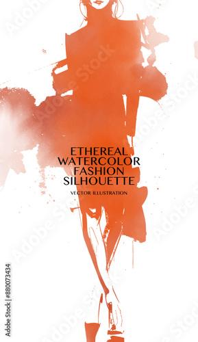 Ethereal Watercolor Fashion Silhouette. Vector illustration of a woman silhouette in a vibrant orange watercolor wash, capturing her pose with a soft and elegant touch.