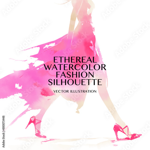 Ethereal Watercolor Fashion Silhouette. Vector illustration of a model wearing a pink dress walks gracefully with a soft, ethereal ambience on a white background.
