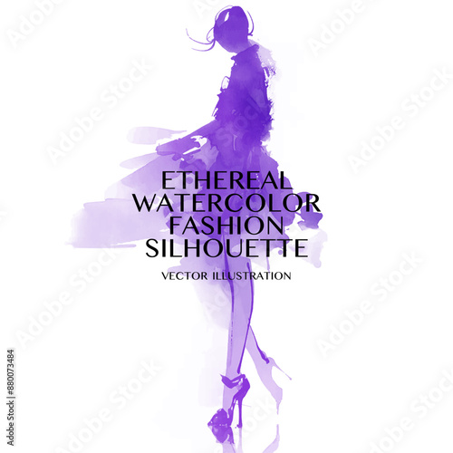 Ethereal Watercolor Fashion Silhouette. Vector Illustration a beautiful model wearing a long dress with a flowy skirt. She is outlined in a purple color and is depicted in a dynamic pose