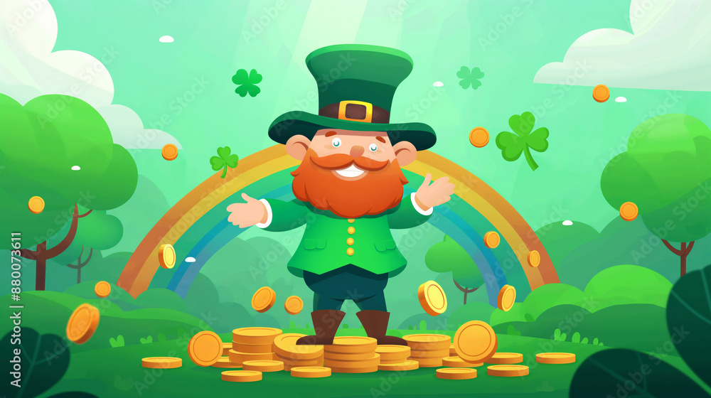 A cartoon leprechaun wearing a green suit and a tall green hat stands on a pile of gold coins in a green forest. A cartoon leprechaun wearing a green suit and a tall green hat stands on a pile of gold coins in a green forest.