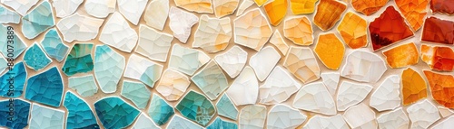 Colorful mosaic background transitioning from cool blue to warm orange tones with textured, irregular tiles creating a vibrant artistic pattern.