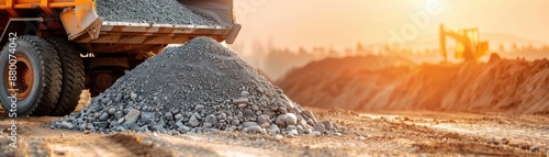 Construction site with a truck unloading gravel during sunrise, showcasing industrial work and material transport in a rural location.