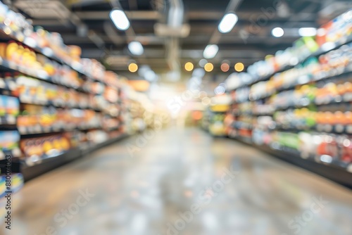 A blurred background of a grocery store interior with shelves filled with products,