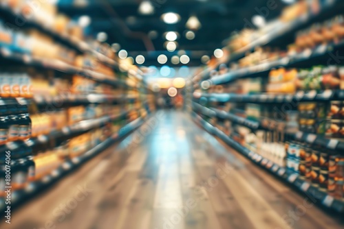 A blurry image of a grocery store aisle with a lot of products on the shelves