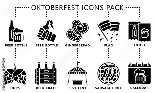 Oktoberfest glyph icons pack, includes traditional Bavarian elements like beer barrels, bratwurst, accordions, beer tents, Pretzels, lederhosen, dirndls and more. vector EPS 10.