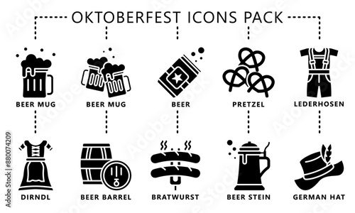 Oktoberfest glyph icons pack, includes traditional Bavarian elements like beer barrels, bratwurst, accordions, beer tents, Pretzels, lederhosen, dirndls and more. vector EPS 10.
