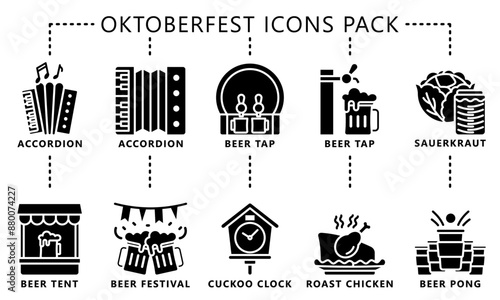 Oktoberfest glyph icons pack, includes traditional Bavarian elements like beer barrels, bratwurst, accordions, beer tents, Pretzels, lederhosen, dirndls and more. vector EPS 10.