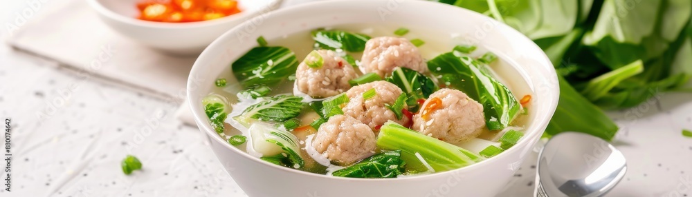 Delicious bowl of clear noodle soup with meatballs and fresh greens, perfect for a comforting meal with nutritious ingredients. Delicious bowl of clear noodle soup with meatballs and fresh greens, perfect for a comforting meal with nutritious ingredients.
