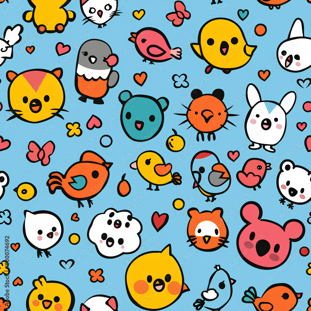 Cute Cartoon Animal and Bird Pattern on Blue Background Cute Cartoon Animal and Bird Pattern on Blue Background