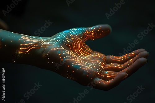 A hand with glowing lines and dots on it