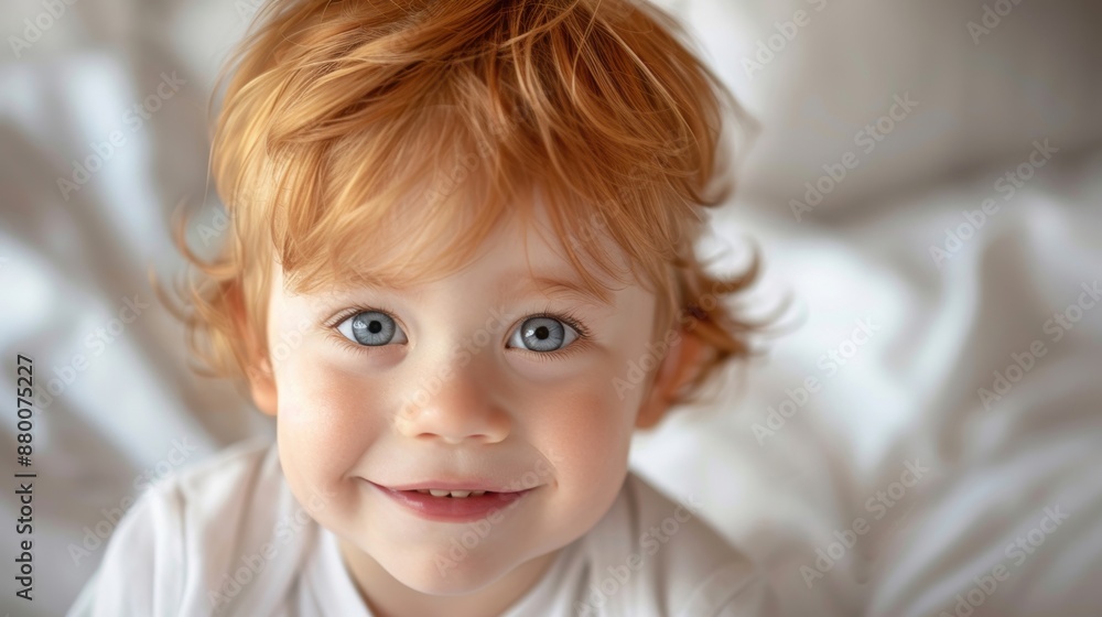 An adorable red-haired toddler with bright blue eyes, smiling sweetly while looking up in a warm and cozy setting. An adorable red-haired toddler with bright blue eyes, smiling sweetly while looking up in a warm and cozy setting.