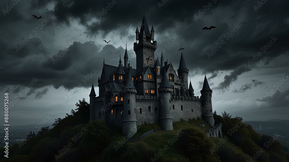 Illustration of an Old Castle on a Hill with a Cloudy Sky and Lightning Strikes Illustration of an Old Castle on a Hill with a Cloudy Sky and Lightning Strikes