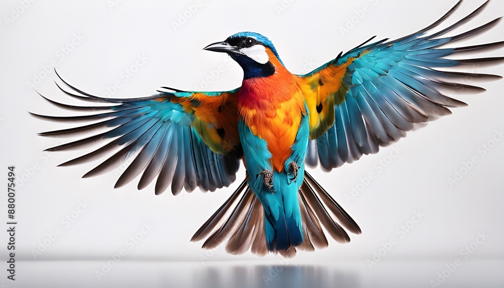 Fototapeta premium A colorful bird with blue and orange wings is flying in the air
