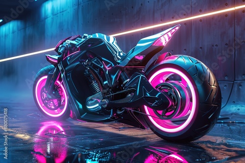 A neon pink motorcycle is parked in a parking lot