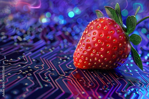 A red strawberry is placed on top of a circuit board photo