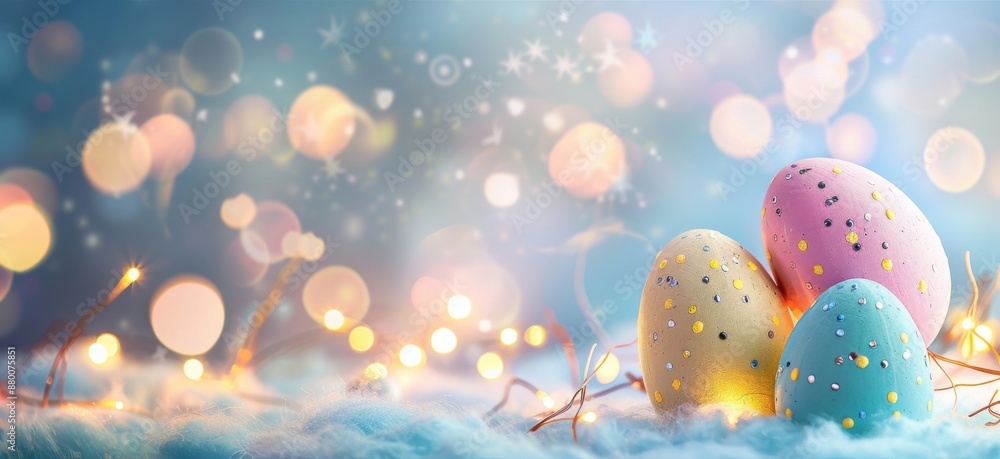 Three sparkling pastel Easter eggs with bokeh background, creating a magical and festive holiday scene. Three sparkling pastel Easter eggs with bokeh background, creating a magical and festive holiday scene.