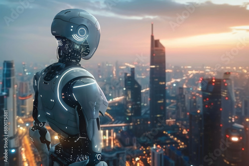 Obraz na płótnie Robot overlooking futuristic cityscape at sunset w salonie