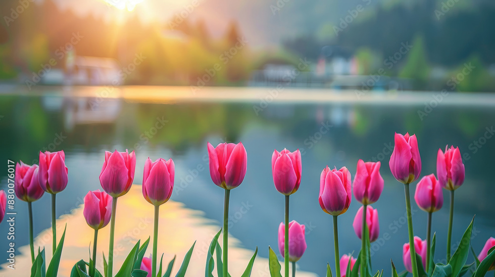 Obraz premium Row of vibrant pink tulips blooming by a serene lake during a picturesque sunset, with a village in the background.