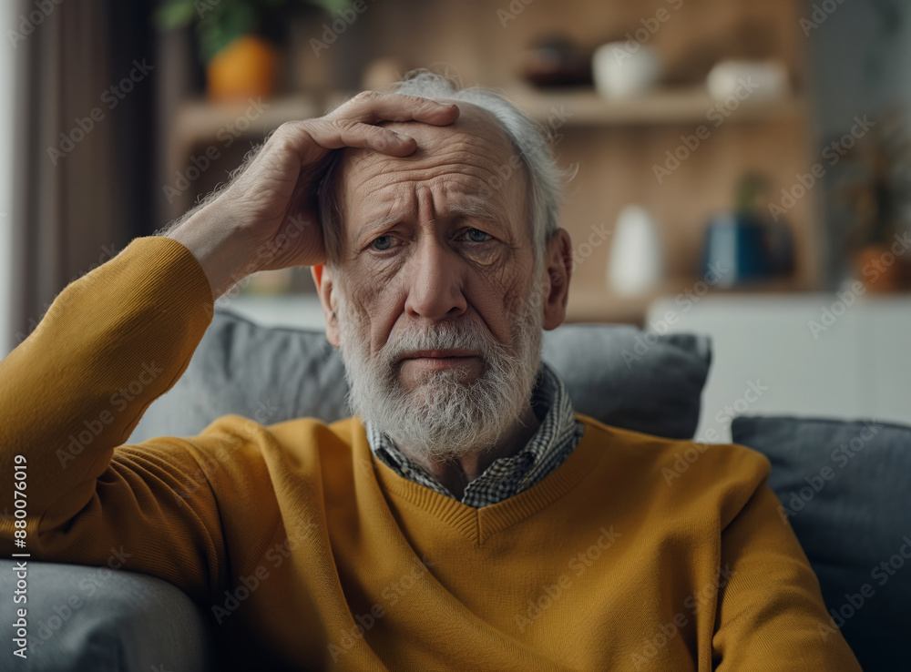 Depressed senior man sitting on couch, mental health concept