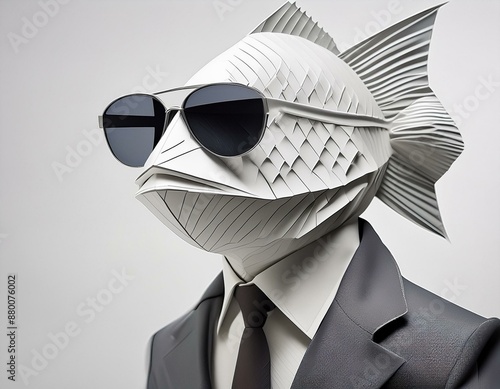 A 3D origami figure of a man with a fish head, wearing sunglasses, a coat, and a necktie, set against a white background.