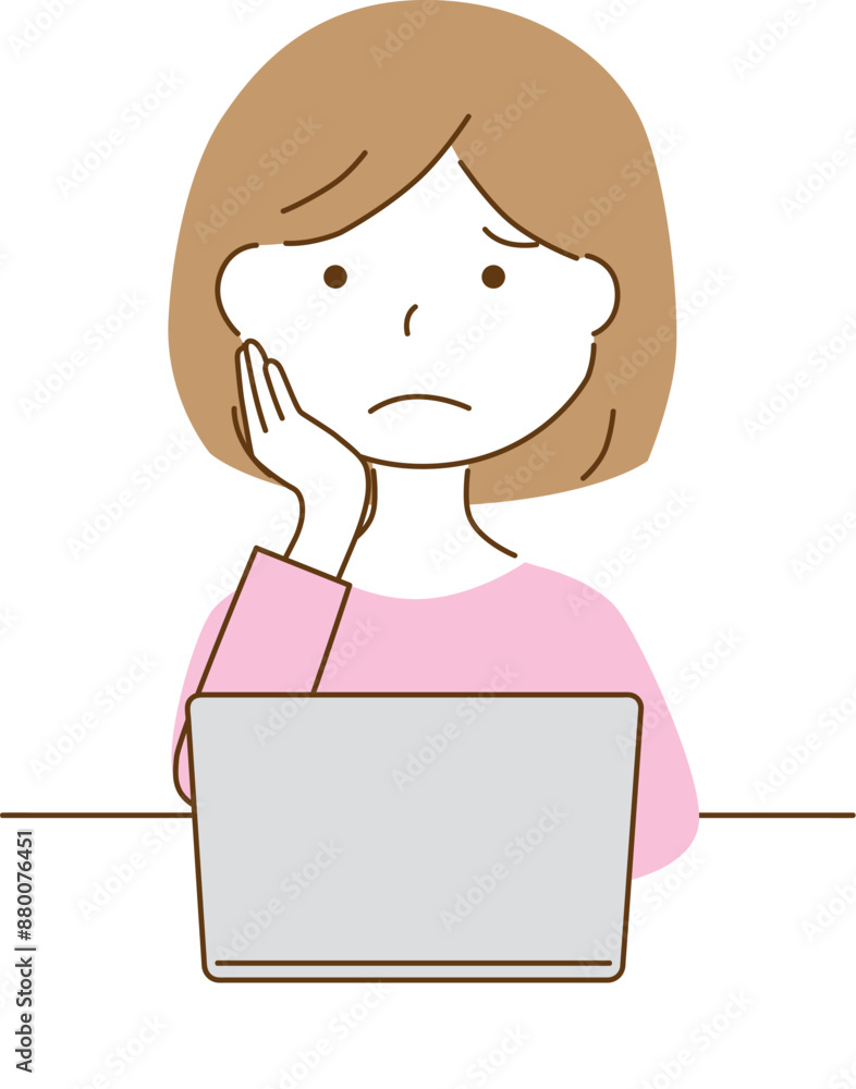 パソコン作業　困った表情の女性の上半身イラスト
