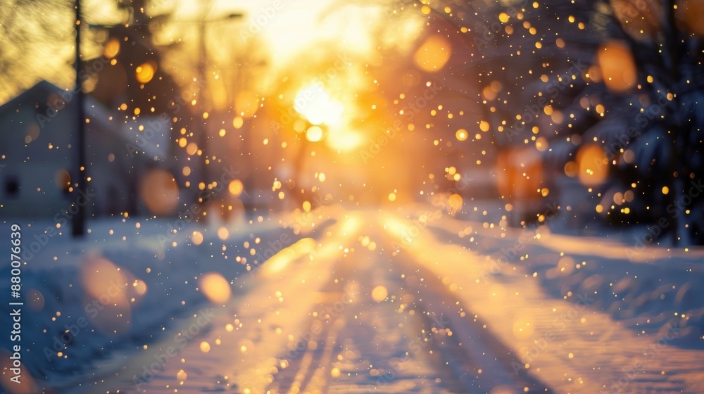 Golden bokeh lights enhance a serene sunset snowfall scene, creating a warm and magical winter atmosphere. Golden bokeh lights enhance a serene sunset snowfall scene, creating a warm and magical winter atmosphere.