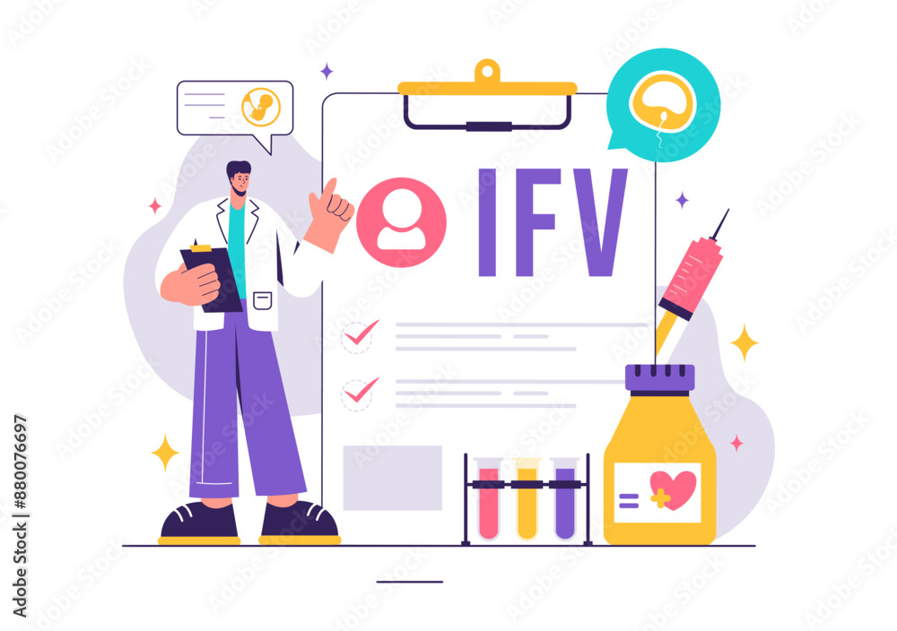 IVF or In Vitro Fertilization Vector Illustration for Artificial Insemination, Focusing on Pregnancy and Doctors' Research of Fertilized Eggs IVF or In Vitro Fertilization Vector Illustration for Artificial Insemination, Focusing on Pregnancy and Doctors' Research of Fertilized Eggs