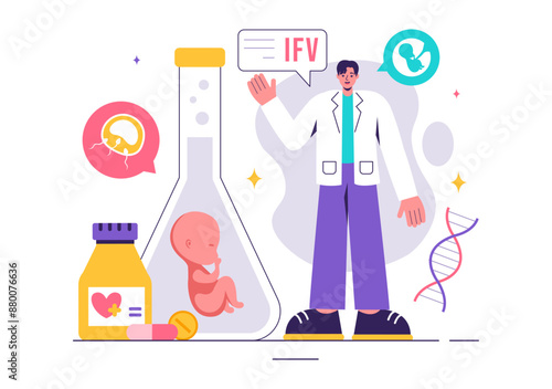 IVF or In Vitro Fertilization Vector Illustration for Artificial Insemination, Focusing on Pregnancy and Doctors' Research of Fertilized Eggs