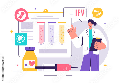 IVF or In Vitro Fertilization Vector Illustration for Artificial Insemination, Focusing on Pregnancy and Doctors' Research of Fertilized Eggs